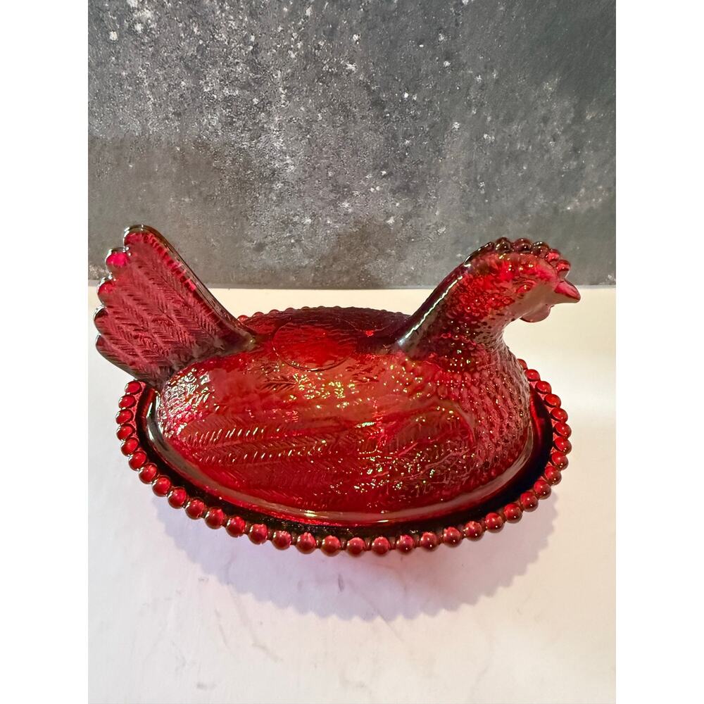 Vintage Ruby Red Glass Hen On Nest Covered  Dish Beaded Rim 5 Inch - Picture 12 of 13